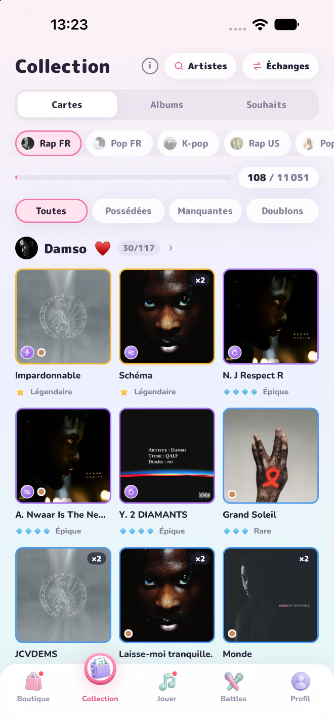 The collection: Cards, Albums and Wishlist tabs, style filters, and one artist’s cards with their rarity.