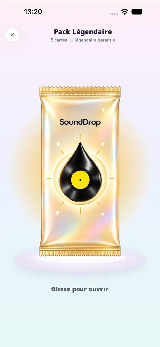 A golden Legendary pack on screen, with the hint “Swipe to open” (game shown in French).