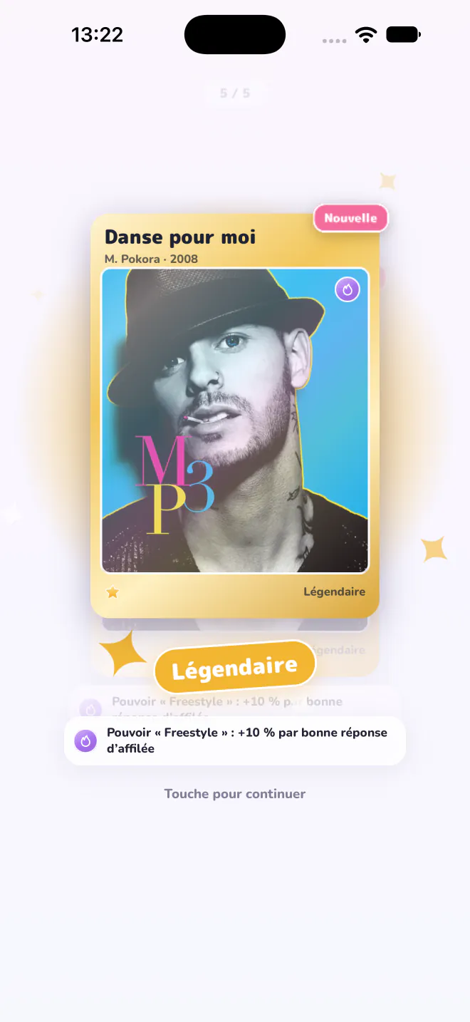 A Legendary card has just appeared, gold-framed, with its power shown underneath.
